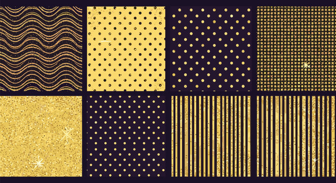 Gold glitter textures and luxury patterns featuring wavy lines, polka dots, stripes, and sparkles for elegant background designs.