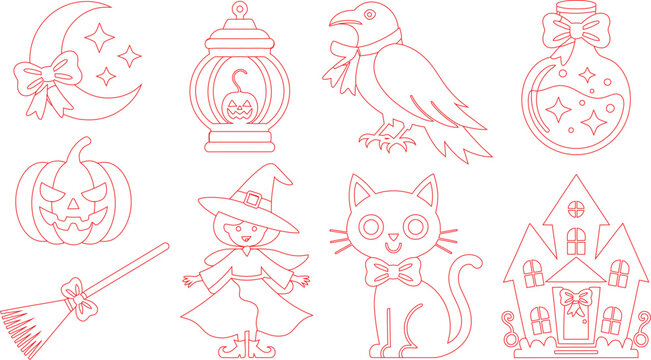 Collection of line art Halloween elements including moon, lantern, raven, potion, pumpkin, witch, cat, and haunted house