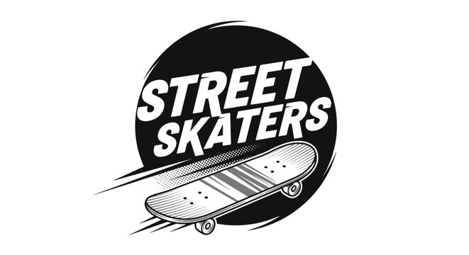 Street skaters logo featuring a dynamic skateboard illustration in black and white against a dark circular background with speed lines.