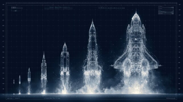 A detailed blueprint-style illustration showcasing the evolution of a space shuttle launch from initial ignition to liftoff.