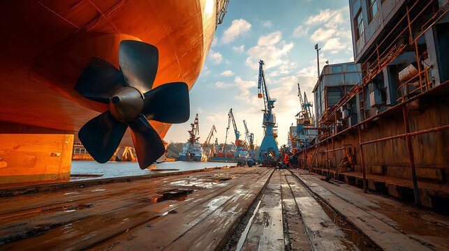 Large ship propeller in dry dock shipyard facility.