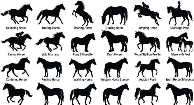 Set of black horse silhouettes displaying various breeds and gaits including galloping, jumping, dressage, and grazing poses