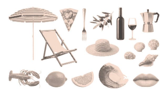 A collection of summer vacation and beach-themed elements, including a beach umbrella, a deck chair, a slice of pizza, a fork, olive branches, a bottle of wine, a wine glass, a moka pot coffee maker,