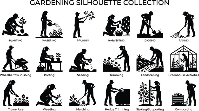 Set of black silhouettes featuring people performing various gardening and landscaping activities isolated on white background image_a1d3dd.png