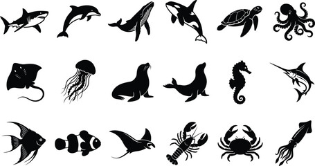 Set of black silhouettes of diverse marine life animals and sea creatures isolated on a white background image_a1df5f.png © MdSaiful