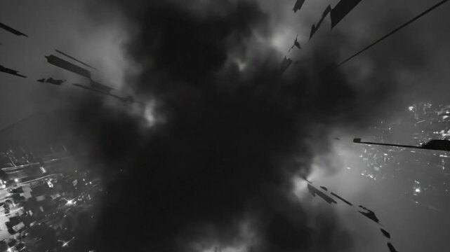 Abstract black and white explosion with fragmented structures and clouds, creating a dramatic visual effect.