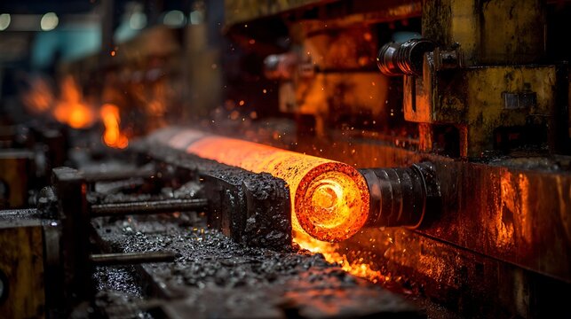Molten steel billet moving through industrial rolling mill process.