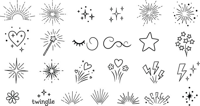 Hand drawn doodle set with stars sparkles lightnings hearts and sunburst effects on transparent background.