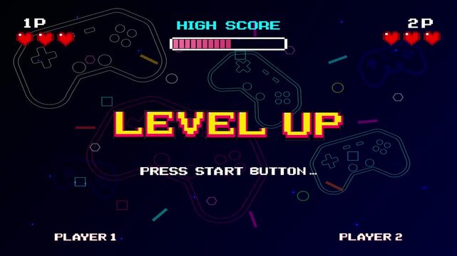 LEVEL UP. press start button. Synthwave wireframe net illustration. Retro Futurism Sci-Fi Background. glowing neon grid and stars from vintage arcade computer games