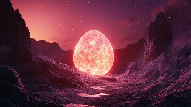 Glowing egg-like planet, alien landscape, pink sky.