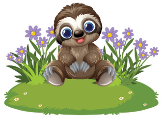 Fototapeta premium Cute Cartoon Sloth Sitting in a Field of Purple Flowers