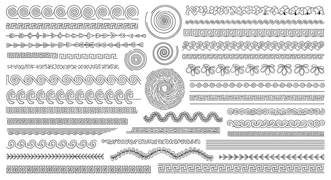 Extensive set of classic greek and roman border patterns and circular ornaments in black outline for historical and decorative art projects.