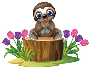 Fototapeta premium Cute Cartoon Sloth Sitting on a Tree Stump with Tulips