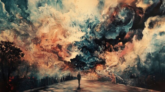 Solitary figure walks toward surreal, colorful cloudscape.