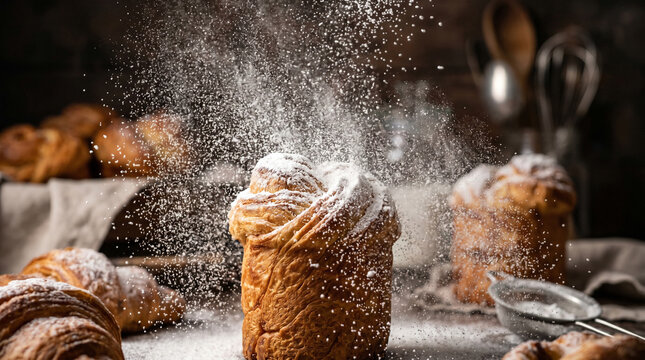 High Speed Action Dusting Icing Sugar over Golden Cruffin