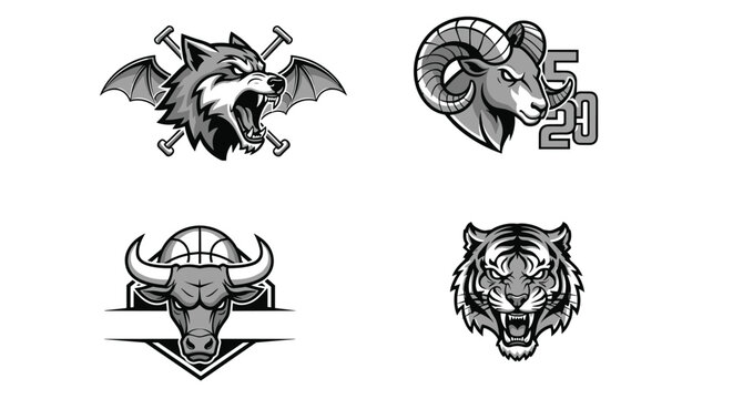Grayscale collection of powerful sport team mascots featuring a wolf with wings ram head bull with basketball and a roaring tiger for club branding.