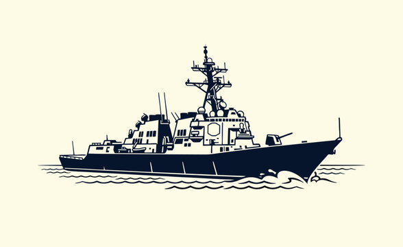 One-color military destroyer ship vector, sharp angular structure, radar systems, ocean waves, bold stencil design, tactical maritime artwork