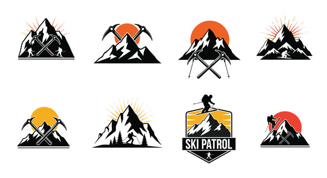 Mountain adventure logos and emblems set featuring hikers, skiers, ice axes, and snowy peaks under the sun.