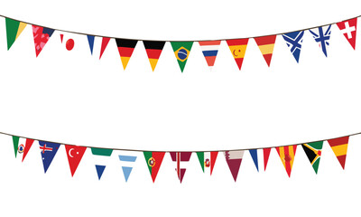 Obraz premium International flags strung on cord against white background during daylight celebration concept