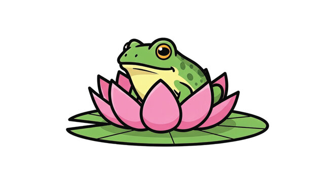 Green Frog on Pink Lotus Flower.