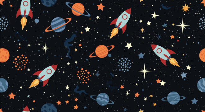 Seamless space theme pattern with colorful rockets, planets, stars, and constellations on a dark blue background.