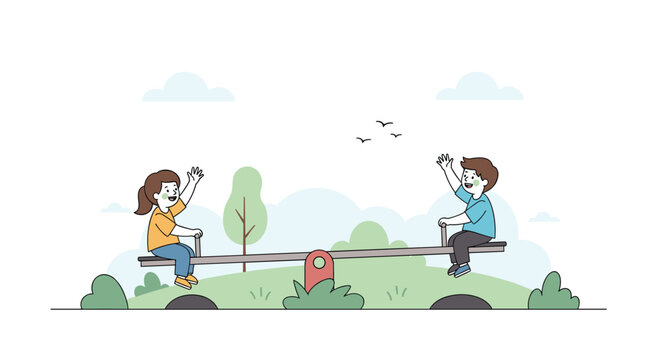 Joyful children enjoy their afternoon by playing together on a seesaw in a green park under a soft blue sky with fluffy clouds.
