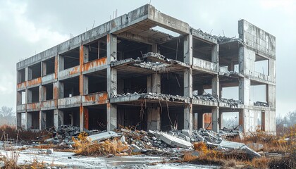 Fototapeta premium Abandoned Concrete Building Ruins After Demolition Disaster Scene 4K