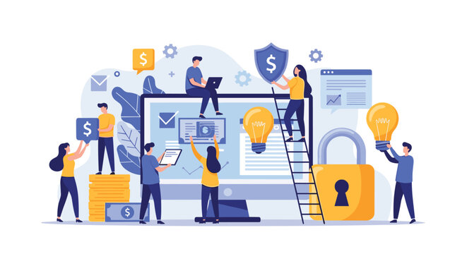 Collaborative team working around a large computer monitor to manage data security and complex business financial systems.