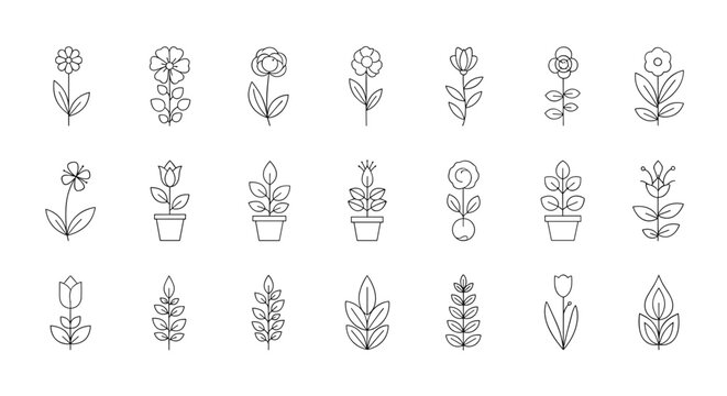 Minimalist collection of simple black line art flower icons and plant symbols for nature inspired logos and creative design work.