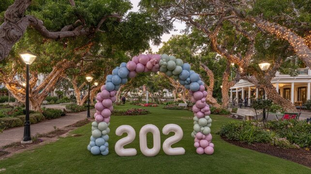 Colorful Balloon Arch with Number 202 Decorative Outdoor Garden Celebration