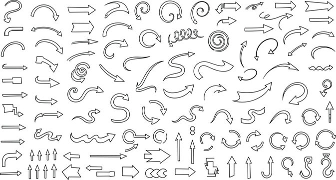 Large collection of various black outlined arrows in different styles on transparent background vector.