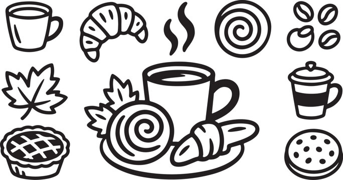 Autumn coffee icons, breakfast pastry vector set