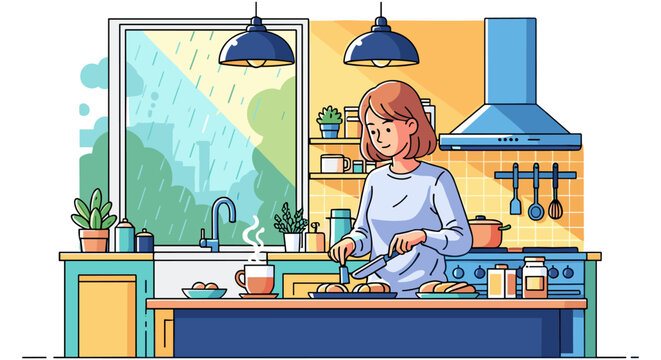 Woman cooking lunch in a kitchen with a rainy garden view lifestyle interior domestic preparation culinary housework activity homemaker