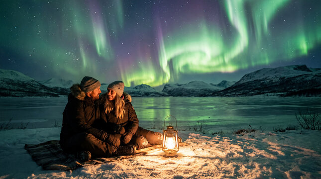 Couple sits on snowy lakeshore beside lantern beneath vivid northern lights with mountains beyond showing romantic winter travel aurora adventure  dream vacation wilderness romance