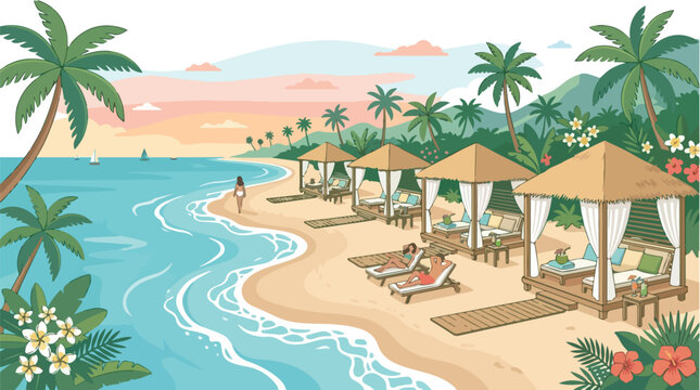 Tropical luxury resort beach holiday illustration featuring private wooden cabanas palm trees and people relaxing on lounge chairs by the turquoise ocean water