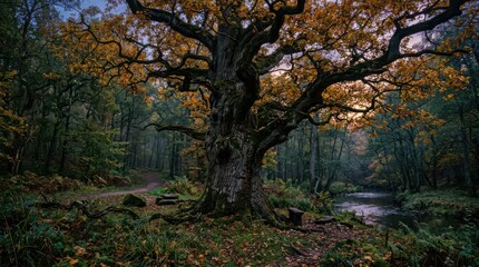 Fototapeta premium Tree with orange leaves in a forest