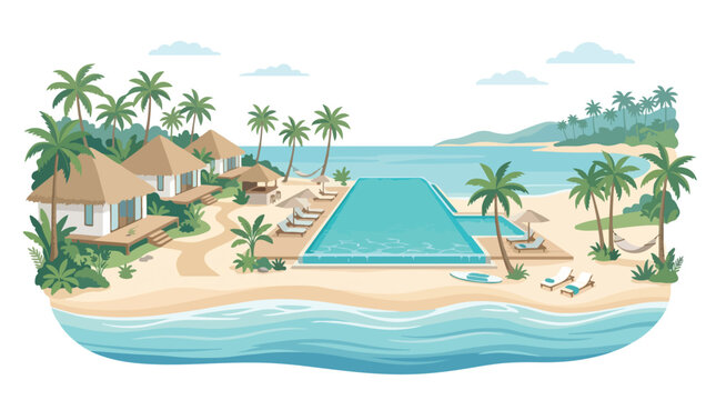 Tropical luxury resort on a beautiful beach with infinity pool palm trees and thatched roof bungalows for a perfect summer holiday vacation vector illustration