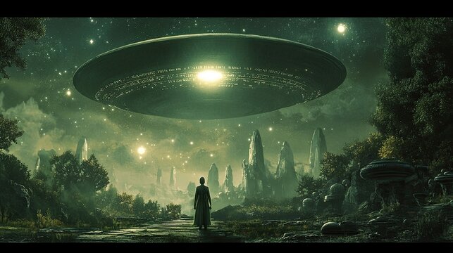 Alien ship above mysterious green landscape, lone figure awaits.