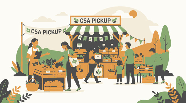 Community Supported Agriculture CSA Pickup Event with People Buying Fresh Produce at an Outdoor Farmers Market Stall