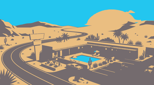 Retro desert motel with swimming pool and winding road under a stylized sunset and blue sky