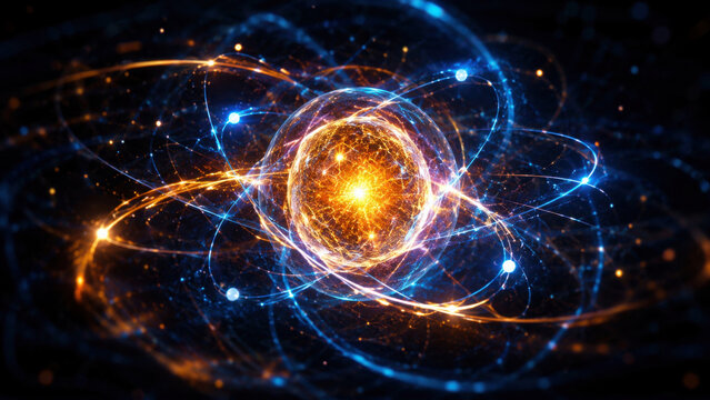 Glowing quantum particle surrounded by dynamic orbital energy field, atomic structure with vibrant blue and orange light streams illustrating quantum physics and subatomic science