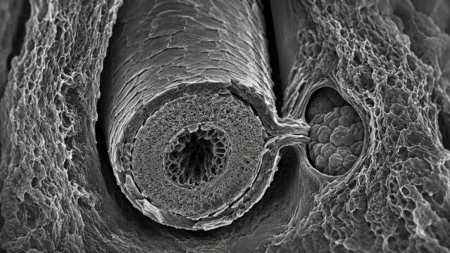 Cross section of human hair follicle showing cortex, cuticle scale, medullary air space, and sebaceous gland orifice captured under scanning electron microscope