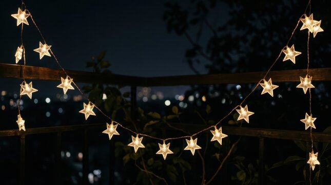 Glowing star string lights on black background