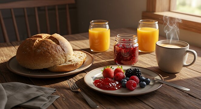 Caf&eacute; da manh&atilde; completo com p&atilde;o, geleia, suco, caf&eacute; e frutas vermelhas sobre uma mesa de madeira.