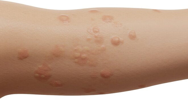 Condi&ccedil;&atilde;o da pele mostrando inflama&ccedil;&atilde;o e erup&ccedil;&otilde;es cut&acirc;neas no bra&ccedil;o em close-up.