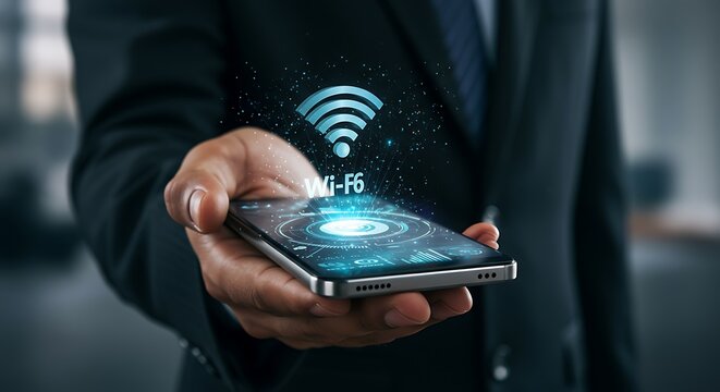 Homem segurando um smartphone com o s&iacute;mbolo do Wi-Fi. Conceito de comunica&ccedil;&atilde;o moderna.