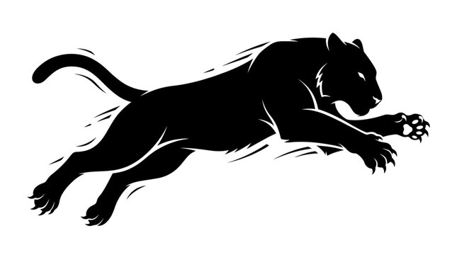 A black panther is running quickly across a plain white background.