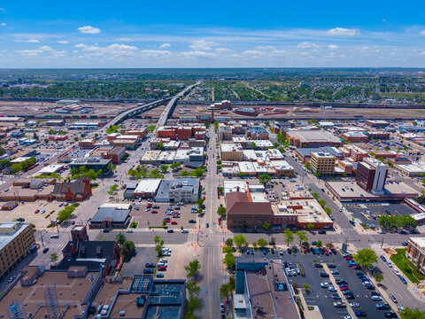 Cheyenne historic city center aerial view on Capital Avenue, with Cheyenne Depot Museum in the distance, downtown Cheyenne, Wyoming WY, USA. 