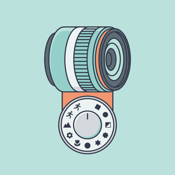 Stylized graphic of a professional camera lens and mode dial