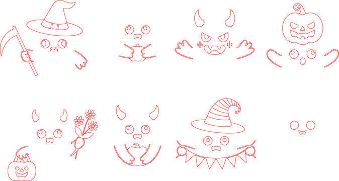 Collection of small cute Halloween characters and spooky elements in red outline